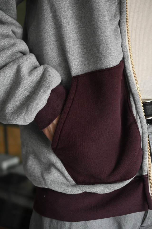 A.PRESSE / Vintage Attached Hood Zip Parka (GRAY×BURGUNDY)