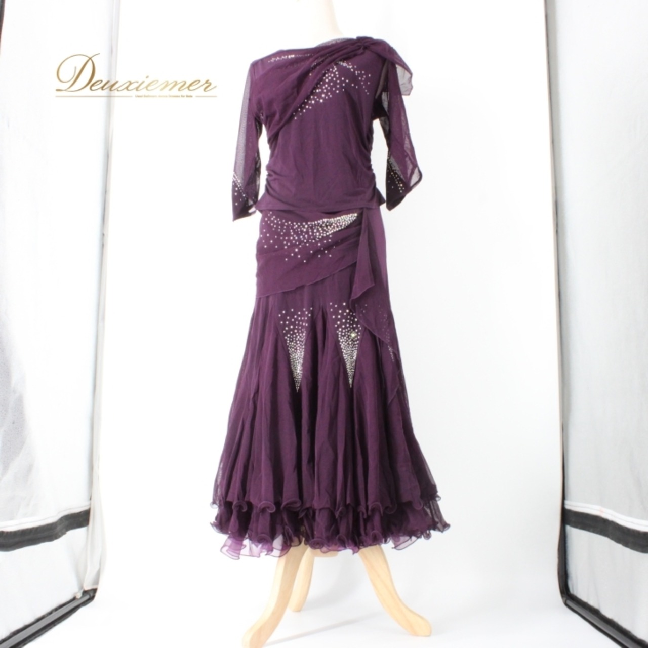 社交ダンス 衣装 スタンダード 上下セット ツーピース レッスンウェア パーティ衣装 ICHIOKU イチオク 紫 レース パープル系 ラインストーン ディープパープル 伸縮性 レディース フェス ダンス用品 発表会 衣装セット 光る プレゼント おしゃれ 女性用 高品質 お得 人気