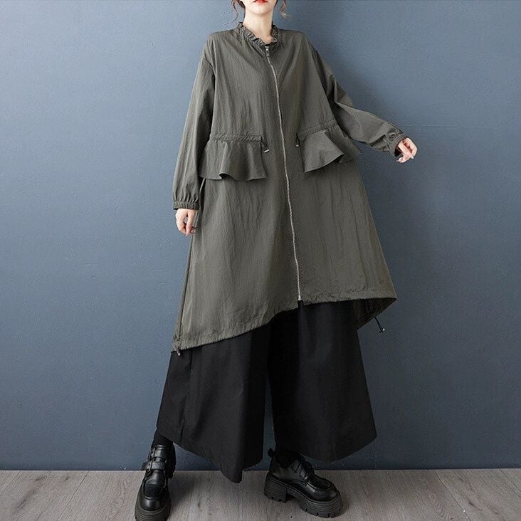 SOLID FRILL DRAWCORD HIGH-LOW HEM A-LINE MIDI FULLZIP WINDBREAKER COAT 2colors M-14720