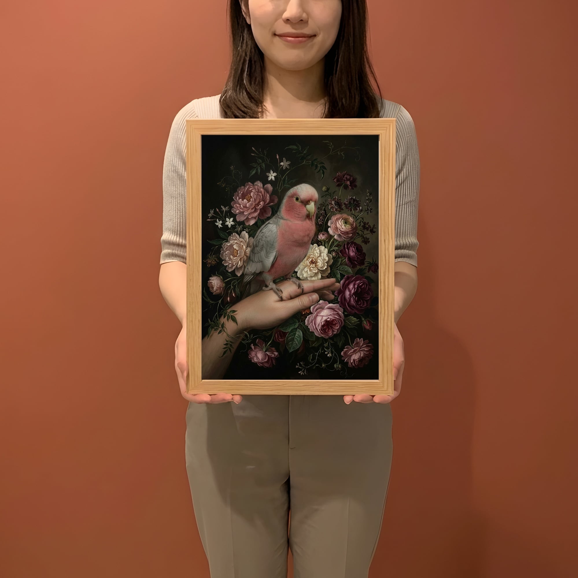 インコ（モモイロインコ）の花に囲まれた油絵風アート A4額装