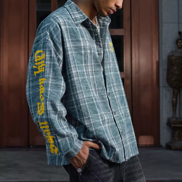 【DRIP5821】STKD Sleeve Logo Print Plaid Shirt