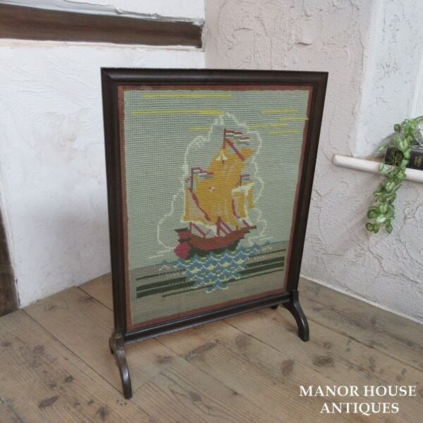 イギリス アンティーク 家具 ファイヤースクリーン 衝立 刺繍 英国 6120d