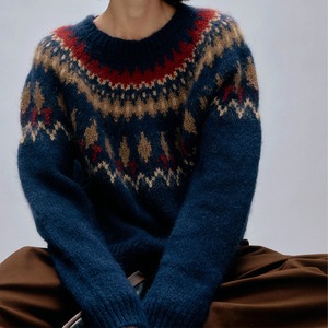 柄編みクルーネック ニット   F0014