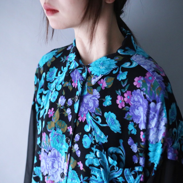 sleeve sheer fabric switching design beautiful flower pattern special shirt