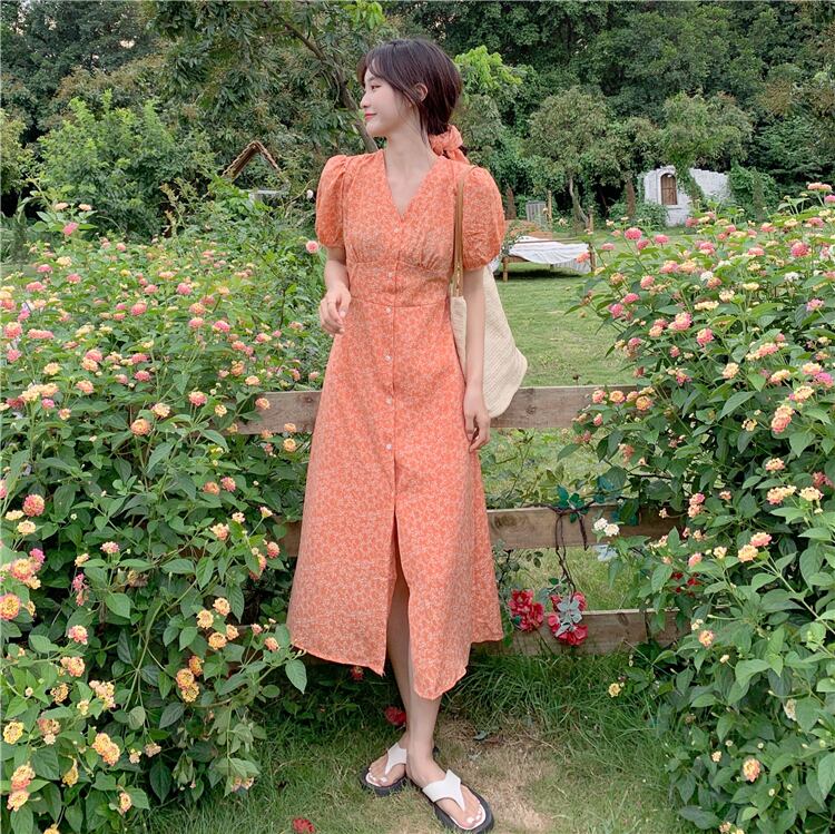 dress】レトロVネックエレガント注目される花柄ワンピース3色 dress】レトロVネックエレガント注目される花柄ワンピース3色