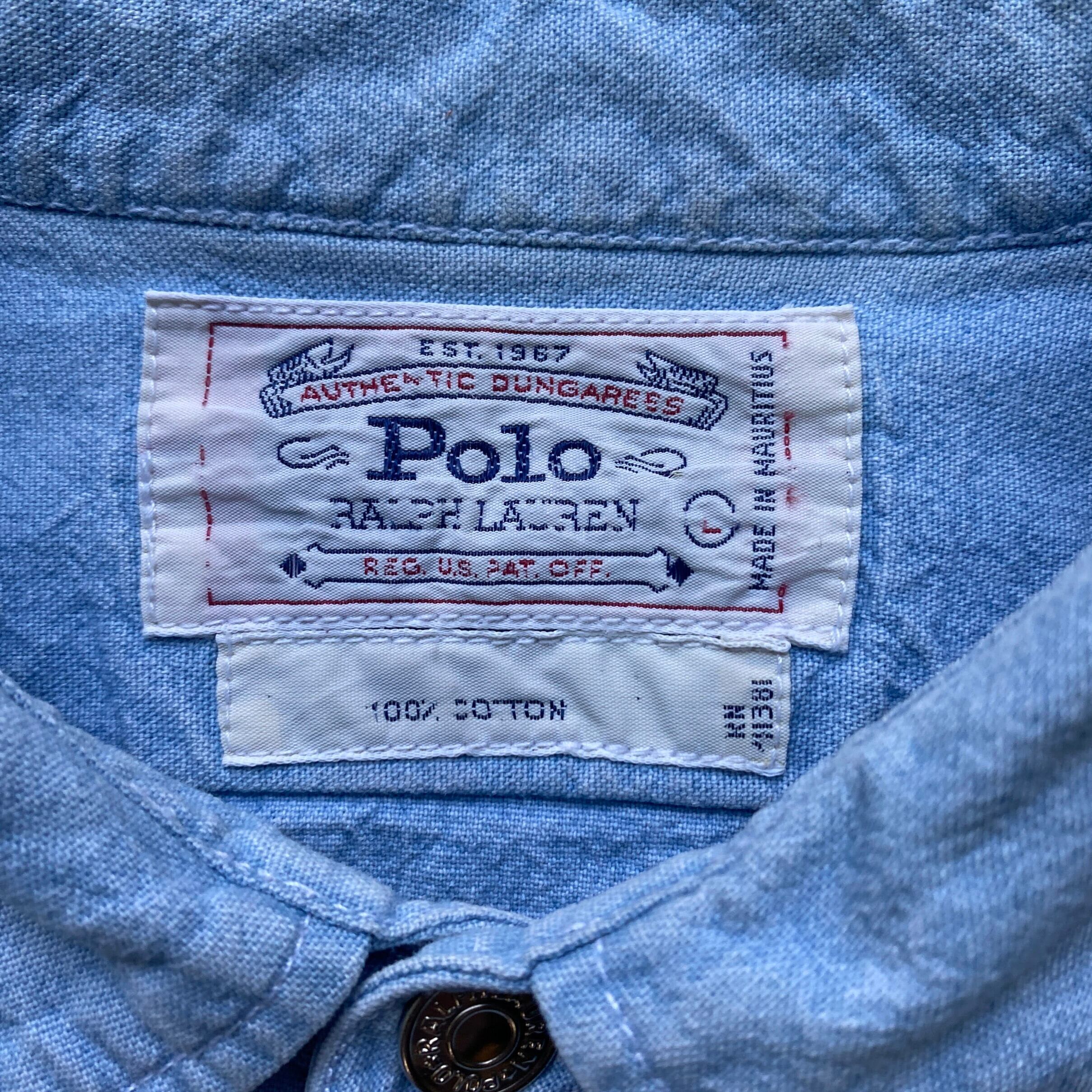 80年代 Polo RALPH LAUREN 白タグ シャンブレー 長袖シャツ メンズ L 