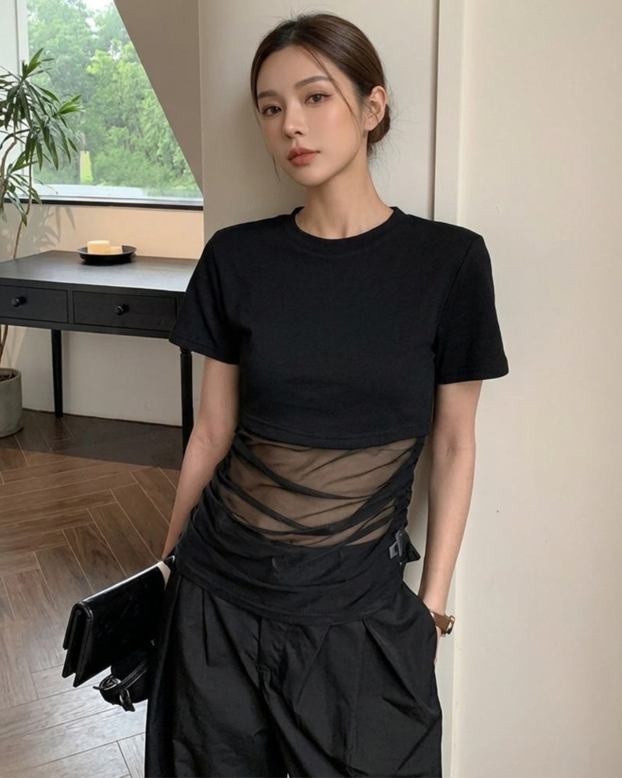 シアー切替ドレープ半袖Tシャツ 2color A1011 - 1