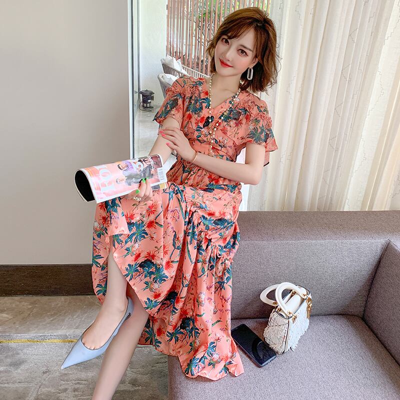 スタンダードフローラルVネックドレス サマー レトロ 夏物 花柄 ステッチ MIUCO16425873468