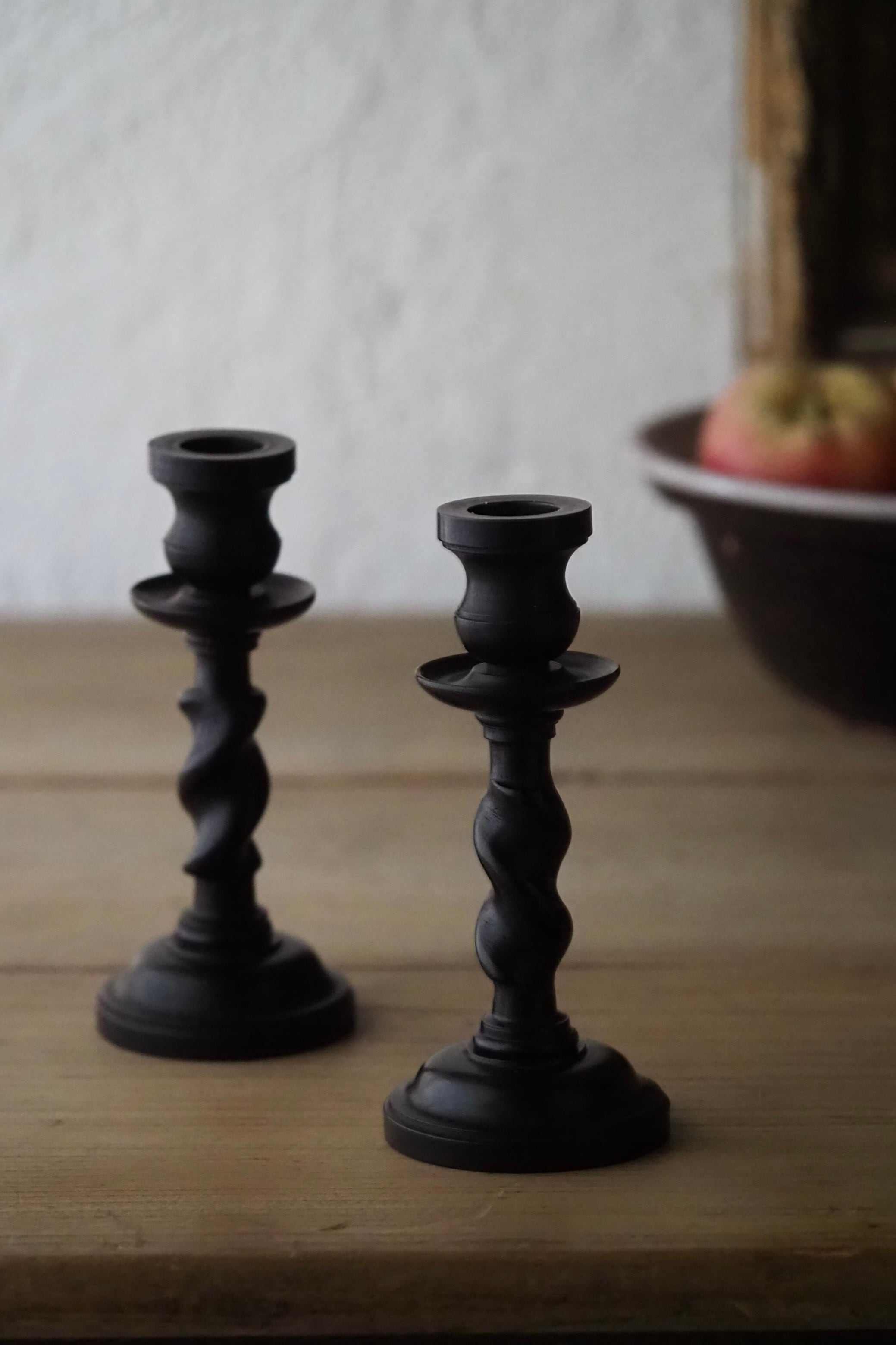 捻りステム ペアの黒檀キャンドルスタンド-antique pair candle stand