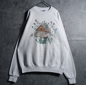 90s Gray Cat & Flower Motif Print Design Sweat
