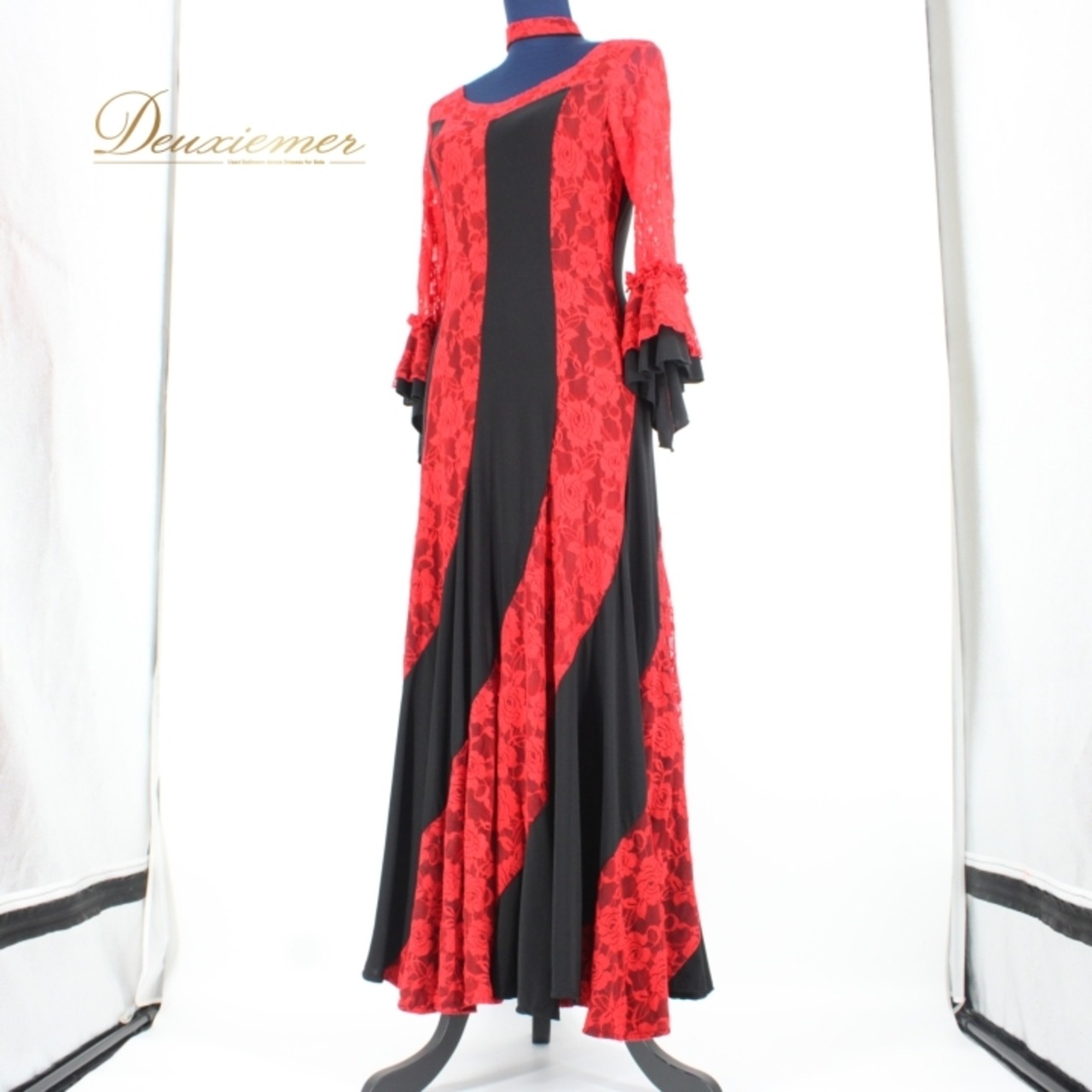 社交ダンス 衣装 スタンダード ドレス ワンピース パーティ衣装 女性用 レディース オールシーズン 赤 黒 prima boutique プリマブティック ブラック系 レッド系 花柄 レース チョーカー 大人かわいい バイカラー 洗練 存在感 ファスナー