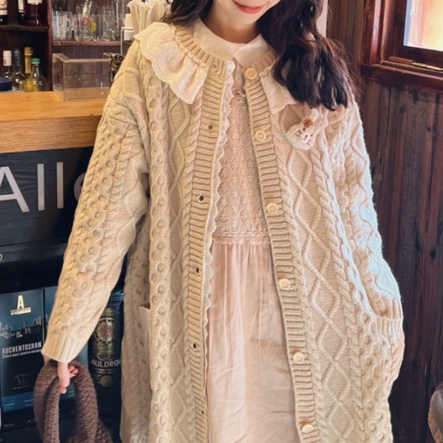 ウサギブローチレースニットロングカーディガン W1633