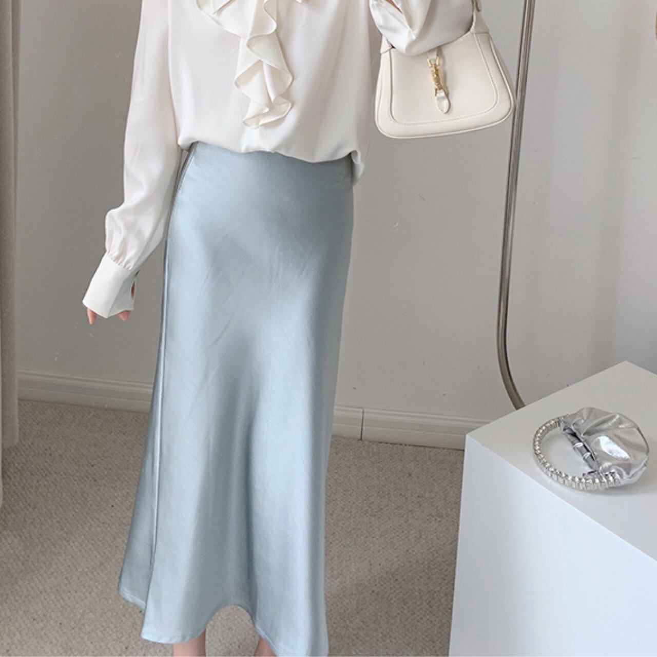 サテン マーメイドスカート-ブルー