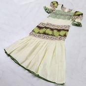 【美品 ハワイ製 フラダンス衣装】アイボリー T&L MUUMUU FACTORY ワンピース ドレス ホヌ柄 白 茶 黄緑 亀 パフスリーブ 絞り