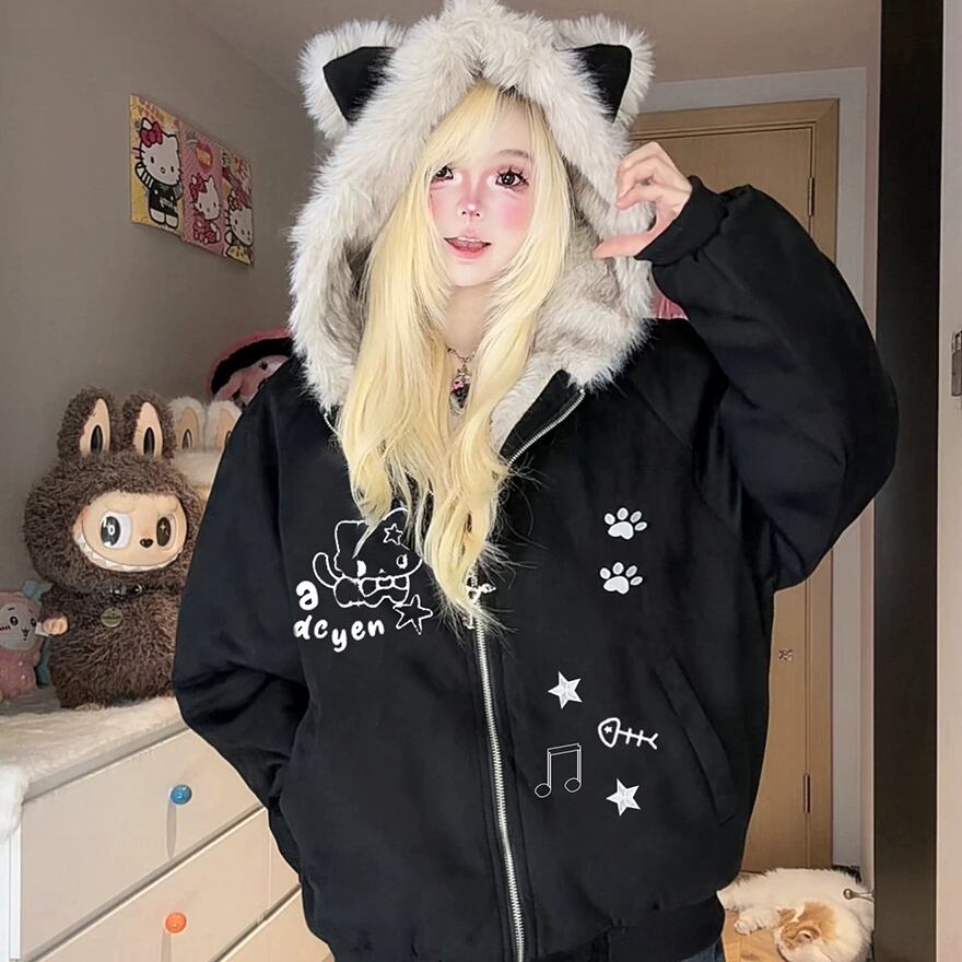 ネコ耳 フーディ ふわふわ フェイクファー ストリートファッション サブカル系 アメカジジャケット