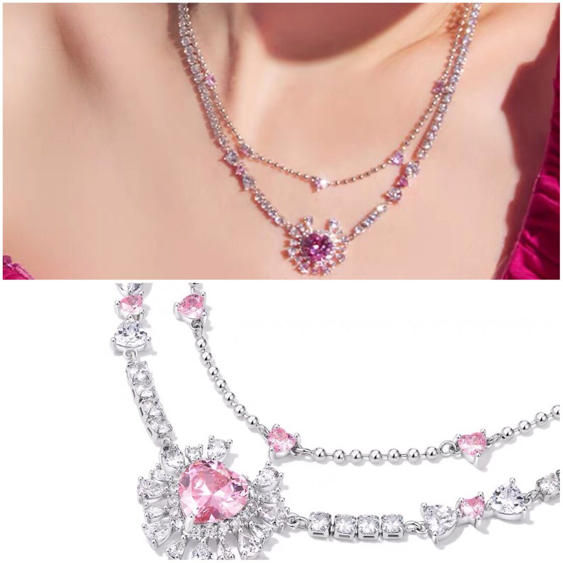 ネックレス ピンク 二連 ピアス 花柄 フラワー ネックレス 