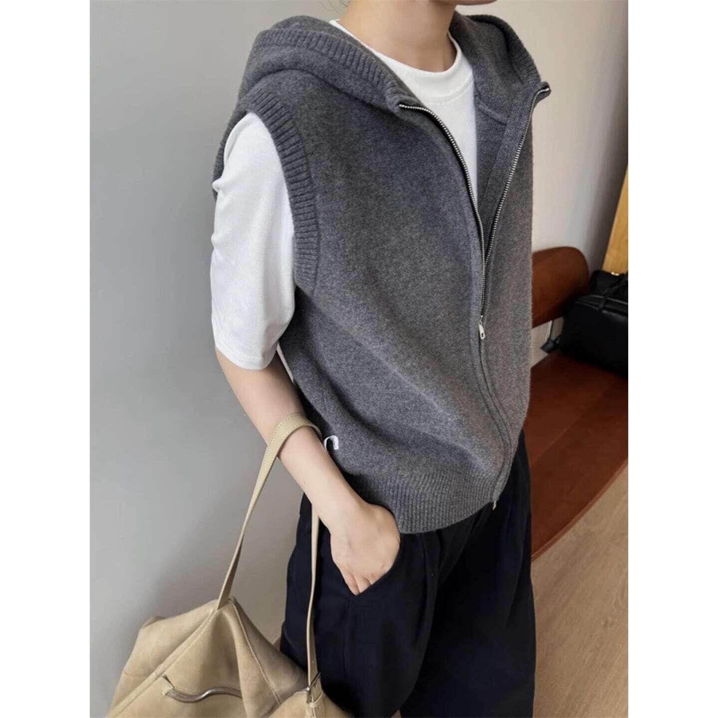 【即納商品】ジップアップニットフードベスト グレー RA3070