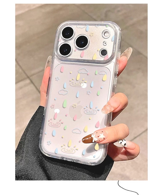 iPhone18 Pro/17/16/15/14/13/12/11ケース カラフル 雨粒 レインドロップ iPhone18 Pro Maxケース アクリル クリア 透明 カメラレンズ全周カバー 高透過 黄ばみ防止 衝撃吸収 軽量 韓国 かわいい おしゃれ レディース ユニセックス プレゼント