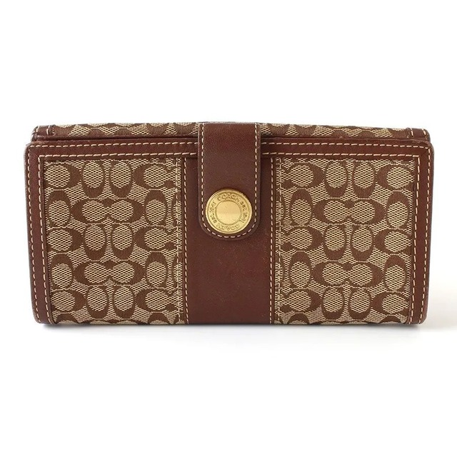 【中古】 COACH コーチ 長財布 シグネチャー キャンバス×レザー ブラウン系 茶