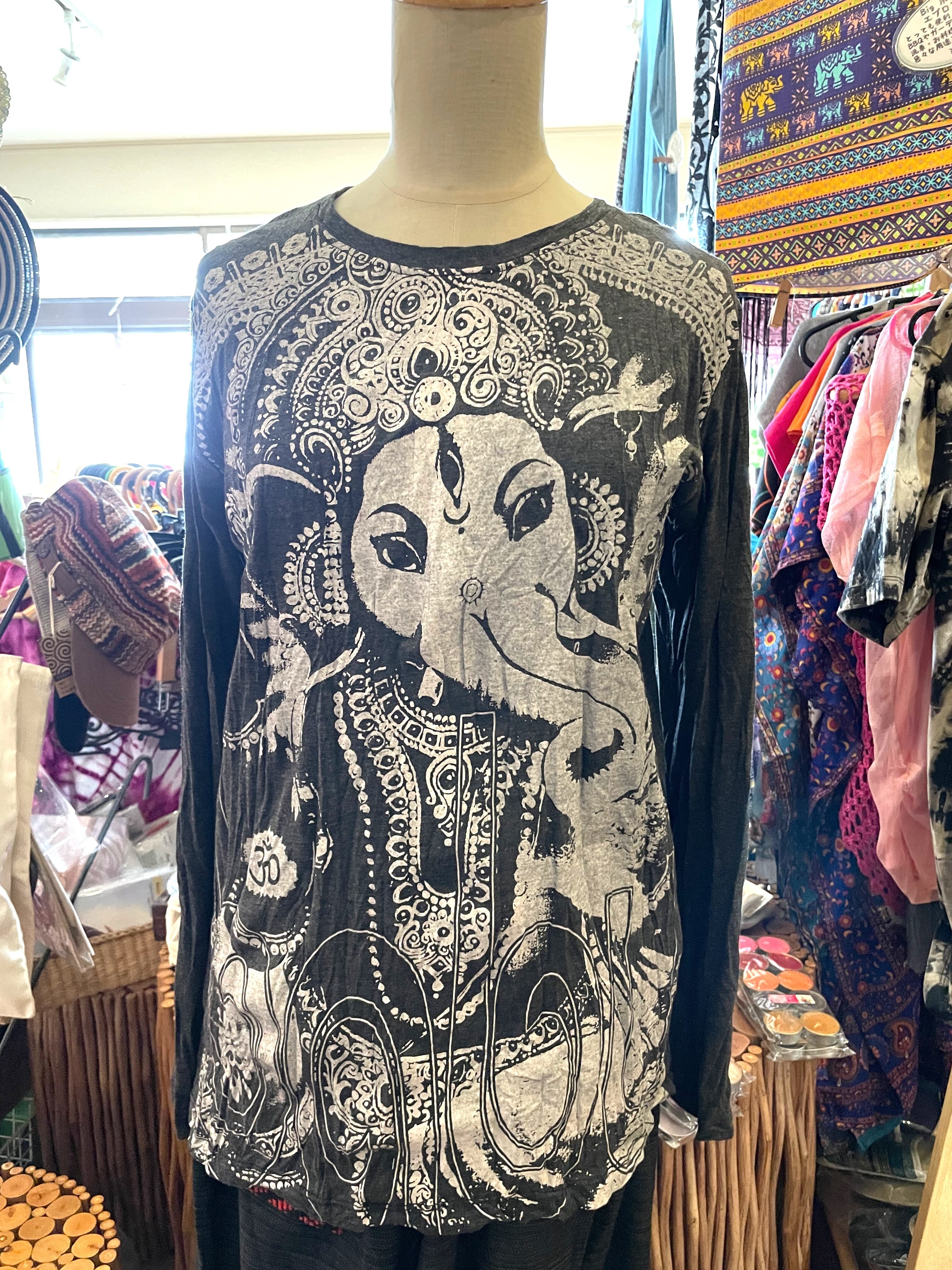 メンズロンT 長袖Tシャツ ロングTシャツ メンズ レディース エスニック ユニセックス アジアン クリンクル加工 ガネーシャプリント サイズM*アジアン雑賀 No.300