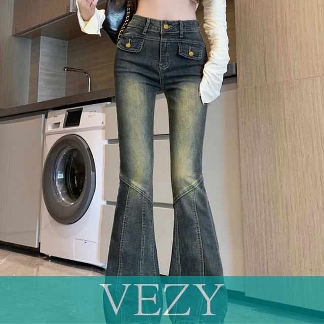 レトロ セミフレアデニムパンツジーパン ヴィンテージパンツ 美脚 脚長シーズン ブーツカットデニム カジュアル 着やせ ロングパンツ ストレッチパンツ ボトムス VEZY ベジー  ItemNo.【21562064】