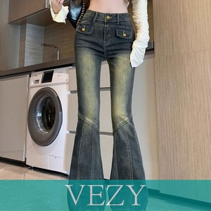 レトロ セミフレアデニムパンツジーパン ヴィンテージパンツ 美脚 脚長シーズン ブーツカットデニム カジュアル 着やせ ロングパンツ ストレッチパンツ ボトムス VEZY ベジー ItemNo.【21562064】