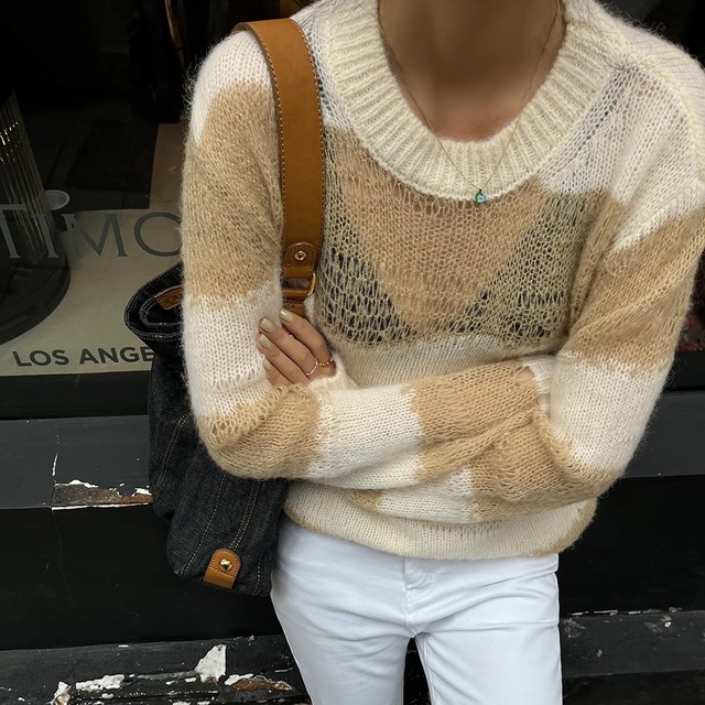 striped knit mesh sweater top＜t101559＞