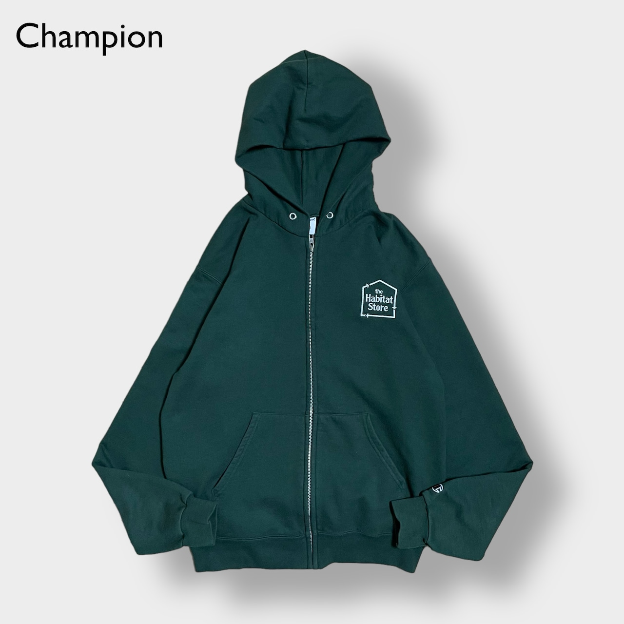 Champion スウェット パーカー ジップアップ フルジップ パーカー ワンポイント 刺繍ロゴ ディープグリーン フーディー S チャンピオン us古着