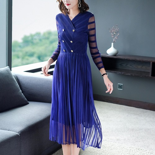 ワンピース シースルー ロング丈 プリーツスカート ダブルブレスト 長袖 ハイウエスト Vネック エレガント レトロ 大人っぽい レディース　BADA0019