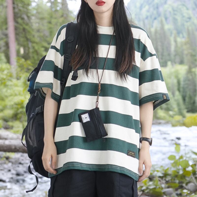 Striped Oversized Short Sleeve Crew Neck T-Shirt ‐1col‐ A0274