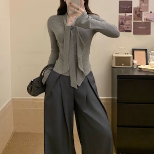 【2点セット】ラッフルフリルボウタイカットソー+タックワイドパンツ ・74593 【2点セット】ラッフルフリルボウタイカットソー+タックワイドパンツ ・74593