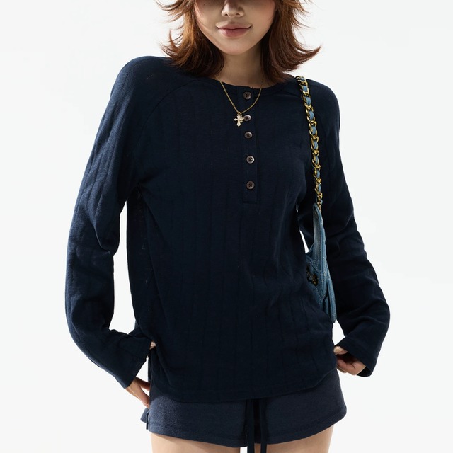 random-line henley veck long tee　ランダムラインヘンリーネックロングティー　J2111