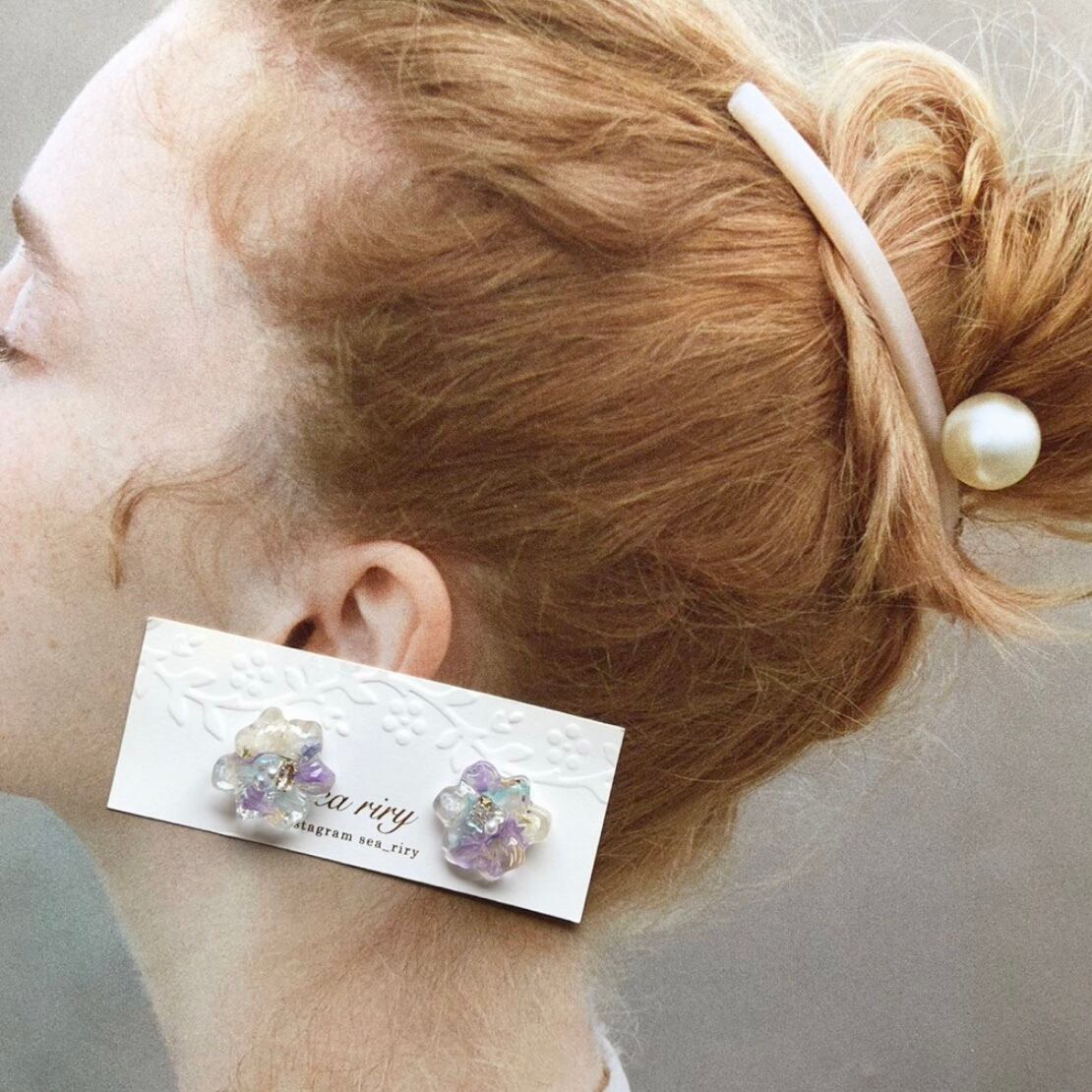 no.851 ドライフラワーの一粒ビジューピアス フラワー 氷 つやつや  