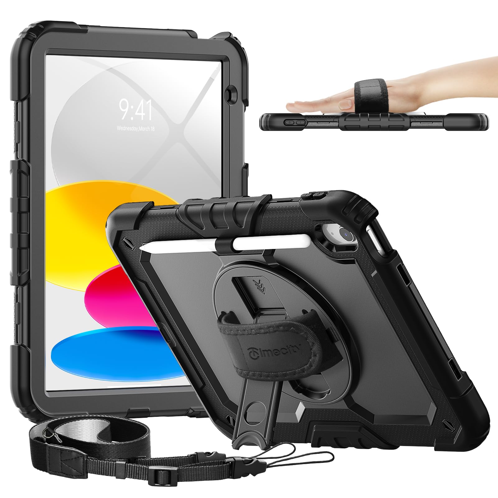 Timecity iPad a16 第11/10世代 専用ケース 耐衝撃 11/10.9インチ ハンドグリップ/ショルダーストラップ付き ブラック