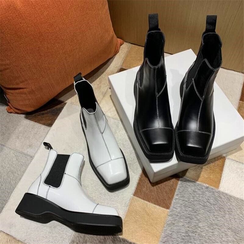 【新作】【送料無料】 スクエアトゥと厚底ブラックホワイトのファッションステッチハイヒールブーツを備えた女性の厚手のハイヒールブーツ 靴 シューズ スクウェア 10b318934078573