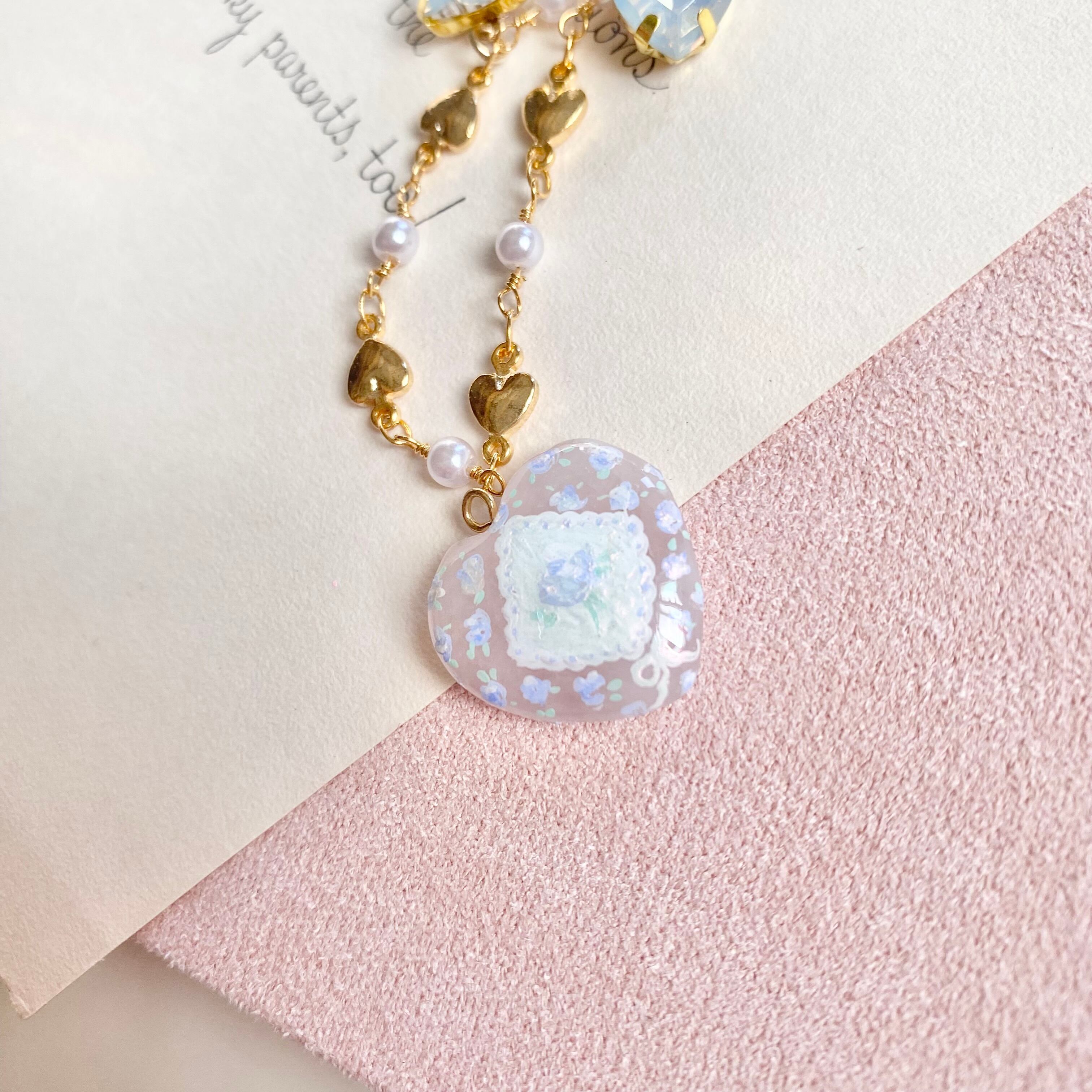 Hand painted heart stone neckless ペイントハンカチ柄ネックレス(BLUE)