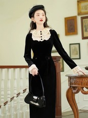 【0128】Lace Ruffle Collar Slim Long Sleeve Dress