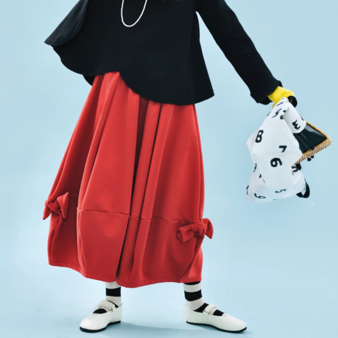 赤リボンアクセントのロングスカート 《i0775》