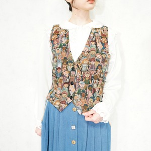 USA VINTAGE Conterio HUMAN PATTERNED EMBROIDERY JACQUARD DESIGN GILLET VEST/アメリカ古着人間柄ジャガード刺繍デザインジレベスト