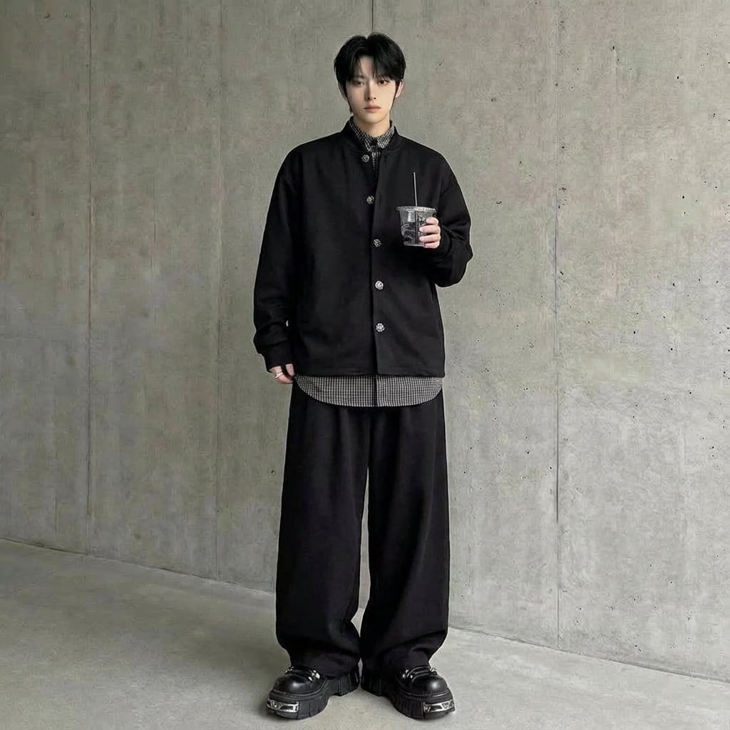 シャツレイヤード風 オーバーサイズスウェットセットアップ 2カラー D12227