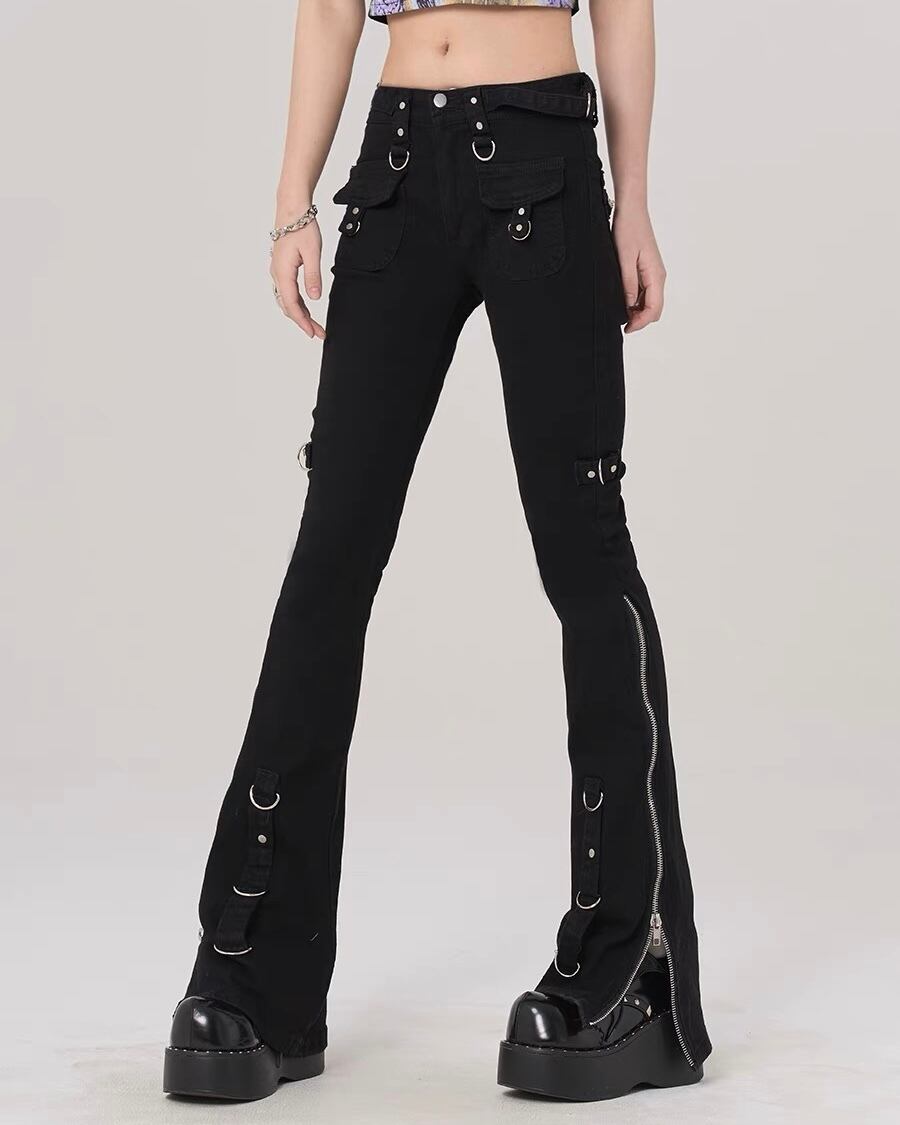 【予約】side zipper high waist black denim pants
