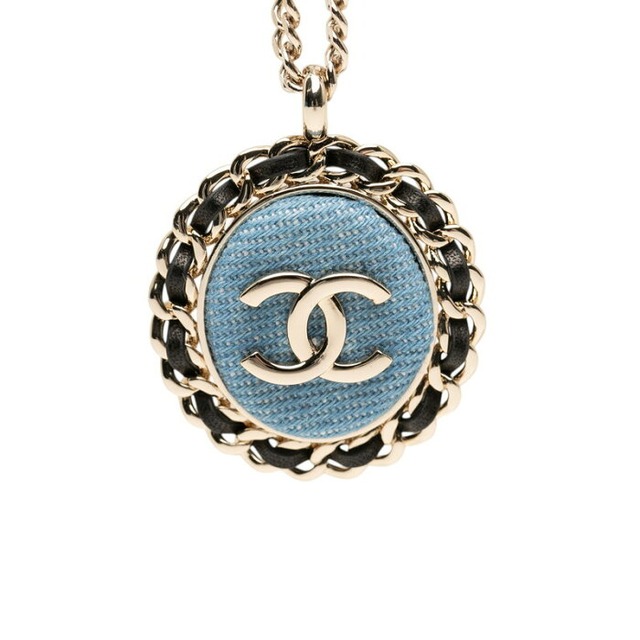 シャネル ココマーク チェーン ネックレス B25P ゴールド ブルー ブラック メッキ レザー デニム レディース CHANEL 【中古】