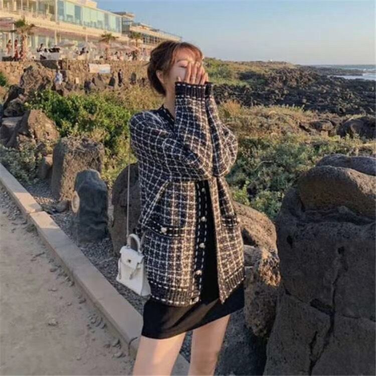 チェックニットカーディガン