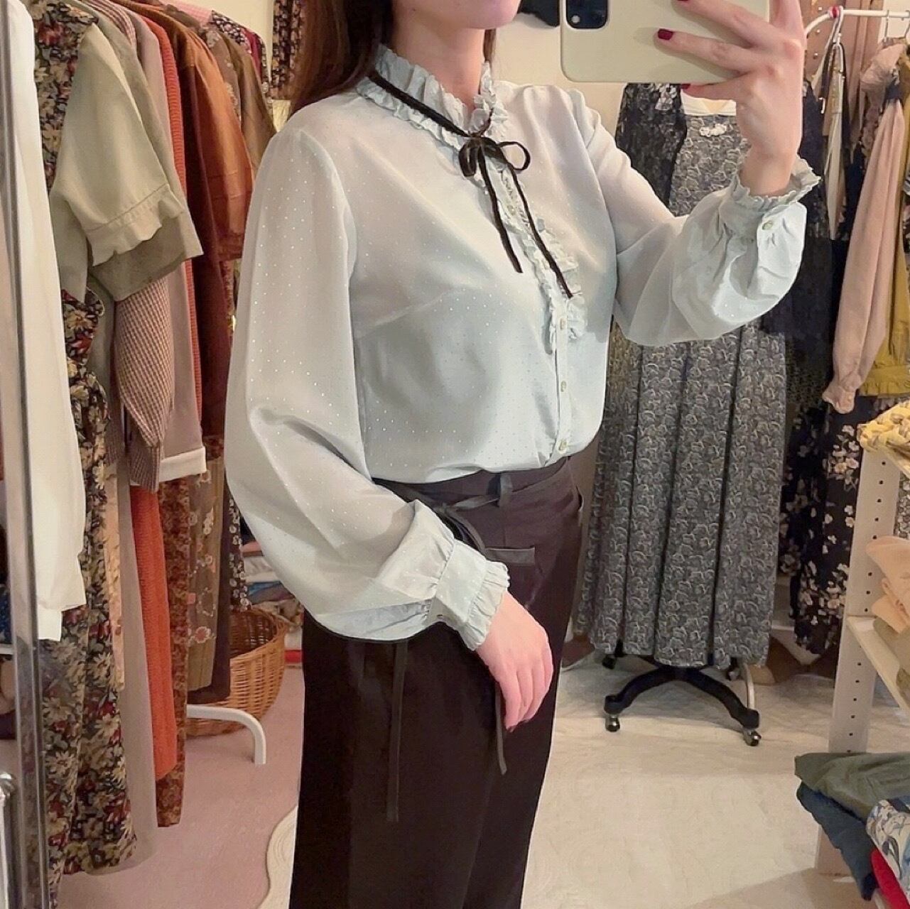 mint green velours ribbon blouse