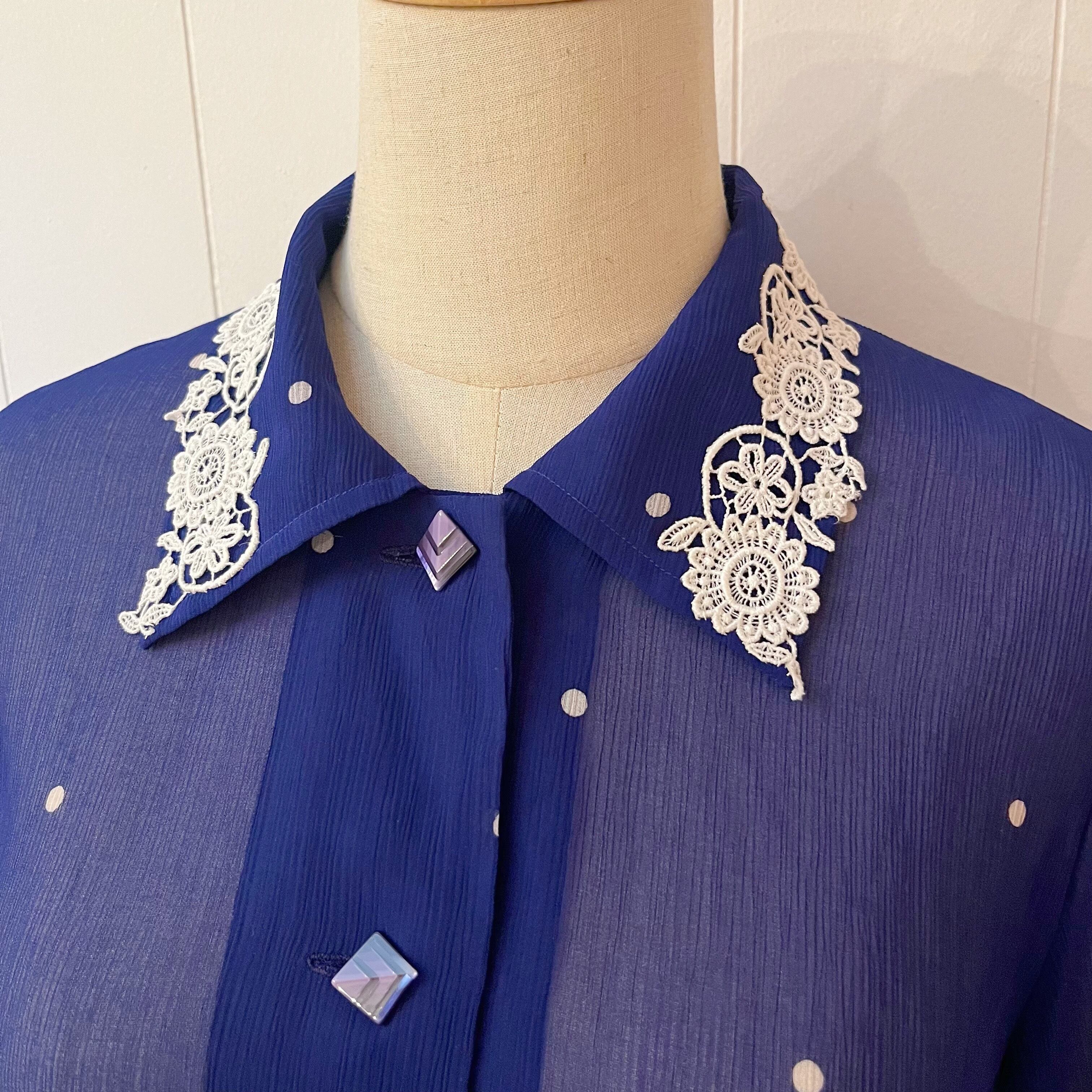 white dot royal blue sheer blouse
