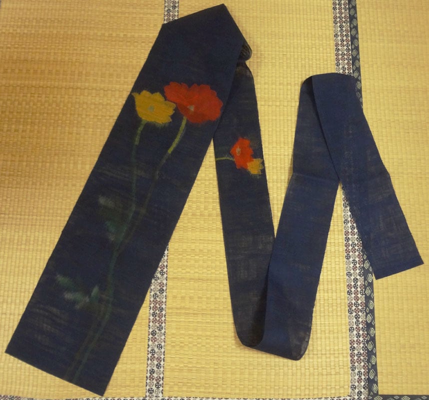 夏帯 紺色に赤と黄色との大柄の花 八寸名古屋帯 | アンティーク