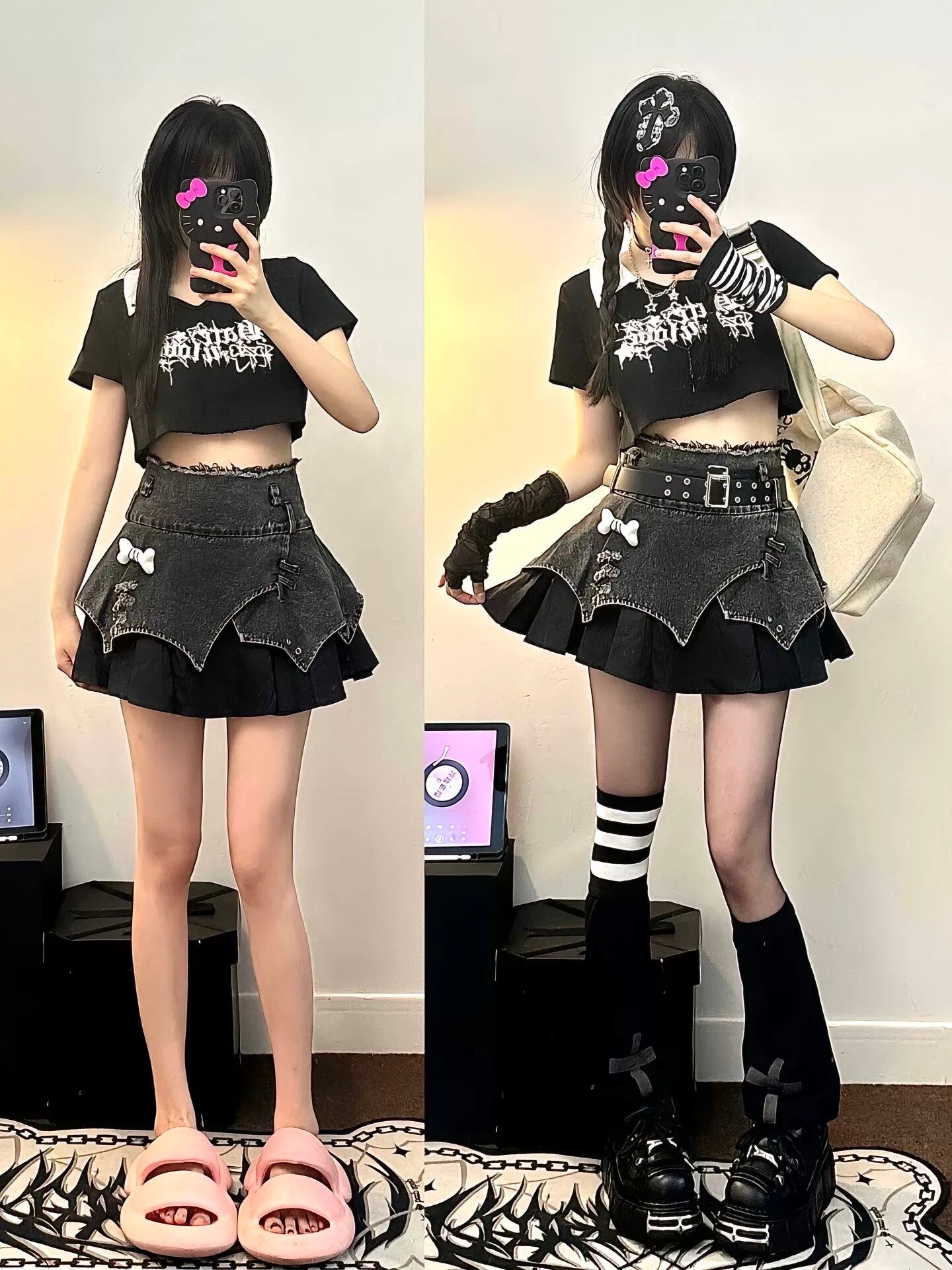 病みかわいい S〜2XL 個性的 ベルト付きリメイクデニムスカート