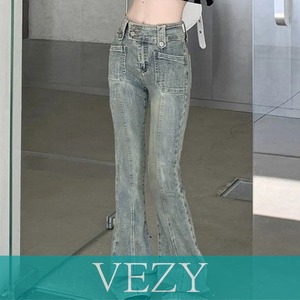 セミフレアデニムパンツ ヴィンテージ風 ジーパン ハイウエストジーンズ ストレッチ お洒落 レトロアメカジパンツ カジュアル 細身ボトムス 美脚脚長 ボトムス VEZY ベジー ItemNo.【21762623】