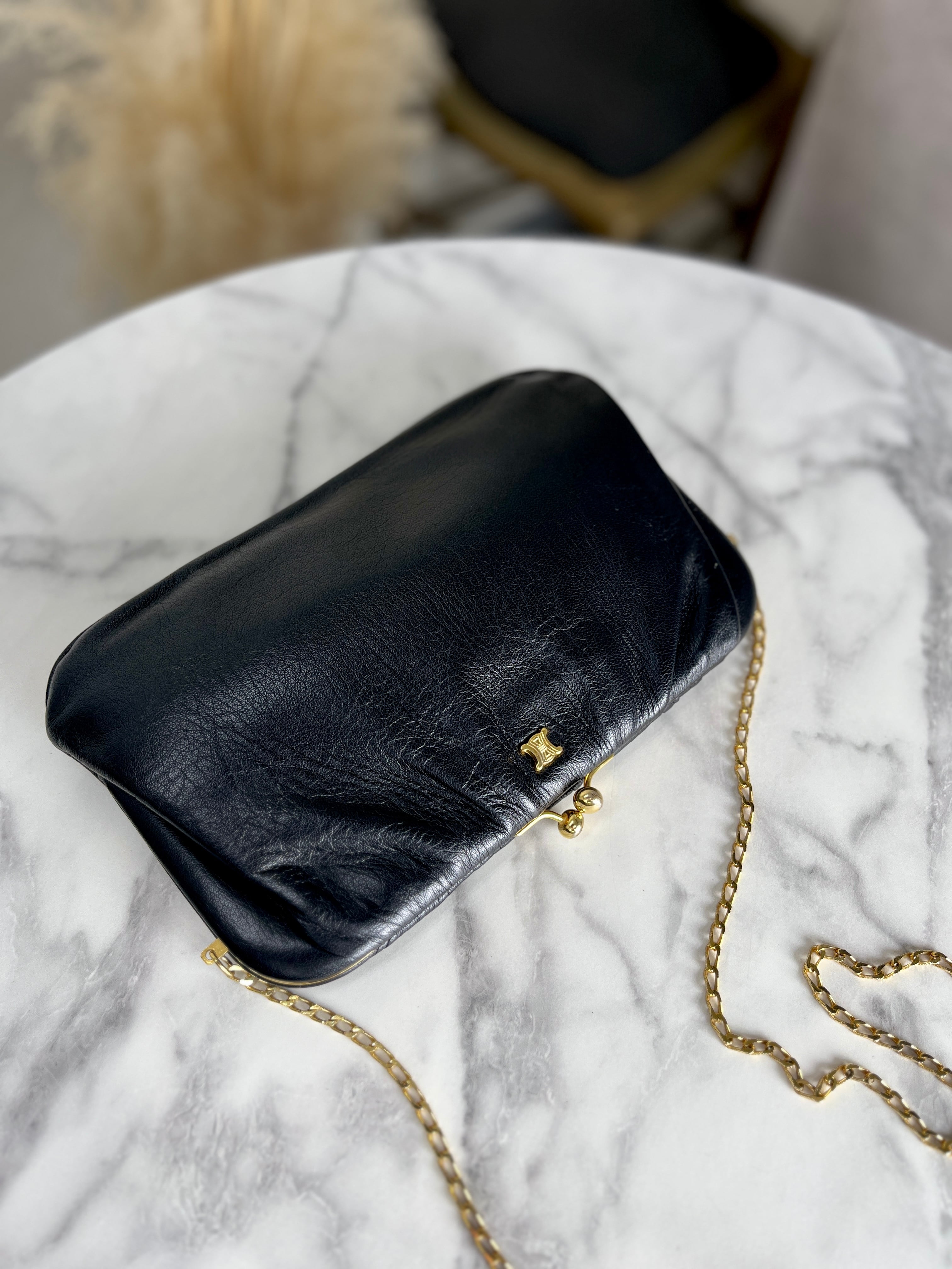 希少】CELINE オールドレザーがま口チェーンショルダーバッグブラック