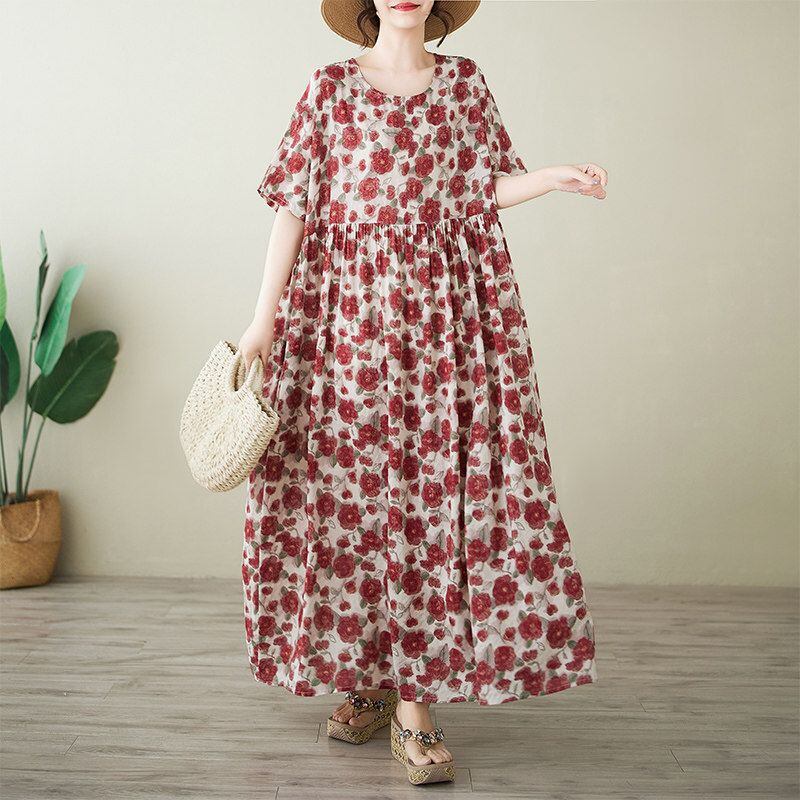 FLORAL ROUND NECK SHORT SLEEVE LOOSE MAXI DRESS M-17705